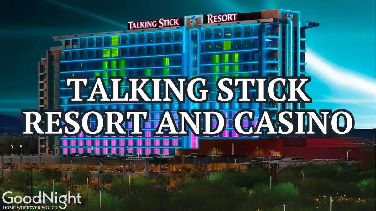 The iconic facade of Talking Stick Resort and Casino illuminated with colorful lights, standing out in the evening. The scene is vibrant, hinting at nearby entertainment, fine dining, and event opportunities just minutes from Luna Luxe.