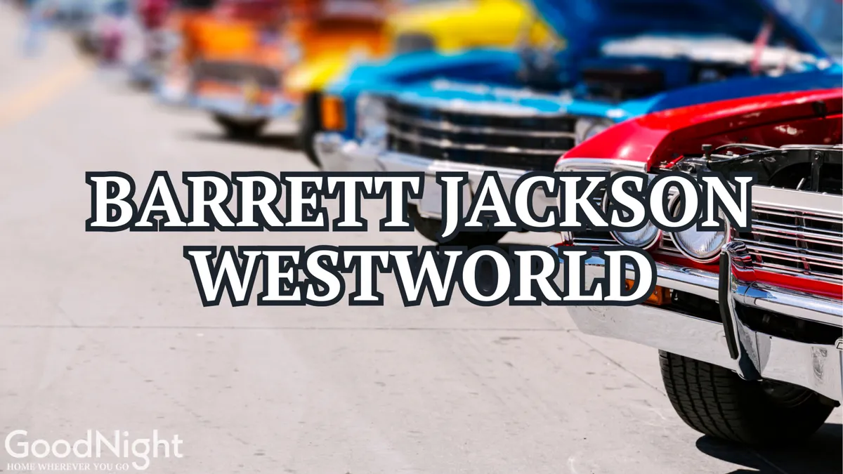 Rows of classic cars gleam under bright lights on a bustling street, drawing crowds of enthusiasts. The dynamic setting evokes the thrill of events like Barrett-Jackson, with attendees engaging, bidding, and networking amid the vibrant scene.