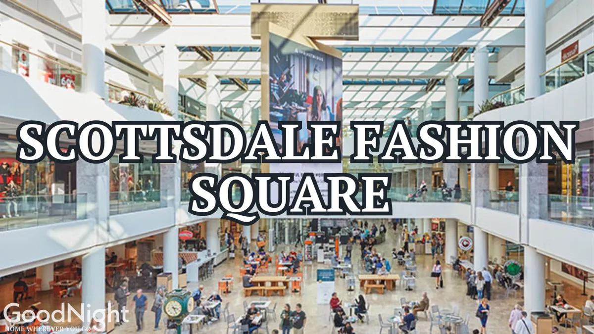 Inside a large, modern atrium filled with boutique shops, dining areas, and vibrant seating spaces, bustling with people. The space feels upscale and energetic, mirroring the luxury and variety of Scottsdale’s shopping and dining options.
