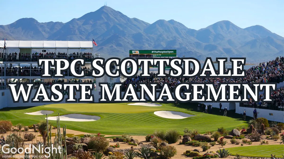 A lively scene at a golf tournament, with a crowd of spectators seated in grandstands overlooking a pristine golf course set against a mountain backdrop. The energy of the crowd and the buzz of the event are palpable, capturing the excitement of Scottsdale’s marquee sporting events.